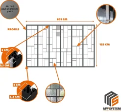 MySystem Verrière 6 verres Chicago - L x H : 201 x 125 cm - Laqué gris 7016 granité - verre Sahara inclus- Verrière