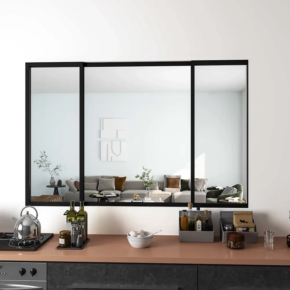 AICA Sanitaire Verrière Atelier Coulissante en Aluminium Noir- L183xH108cm,4 Panneaux en 4mm Verre Trempé,Séparation Élégante Cuisine/Salon- Verrière