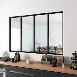 AICA Sanitaire Verrière Atelier Coulissante en Aluminium Noir- L183xH108cm,4 Panneaux en 4mm Verre Trempé,Séparation Élégante Cuisine/Salon- Verrière