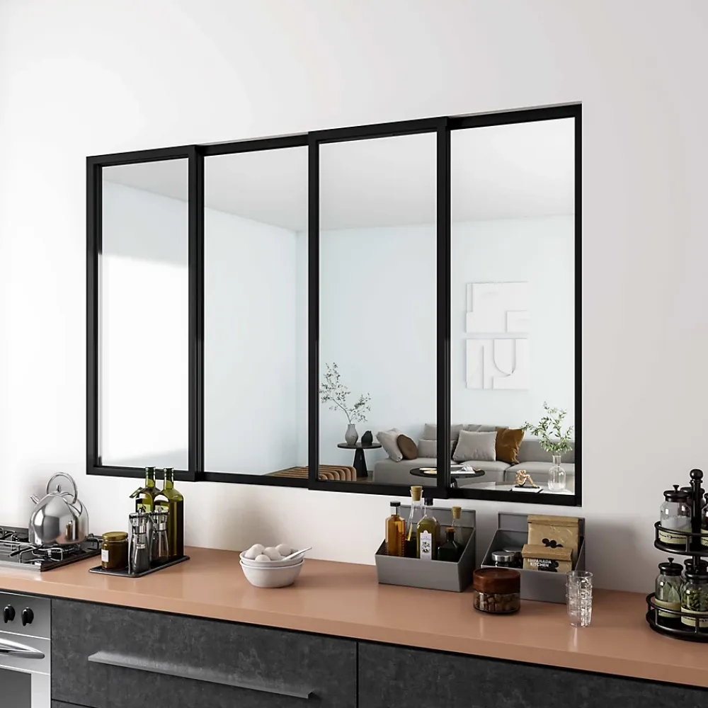 AICA Sanitaire Verrière Atelier Coulissante en Aluminium Noir- L183xH108cm,4 Panneaux en 4mm Verre Trempé,Séparation Élégante Cuisine/Salon- Verrière