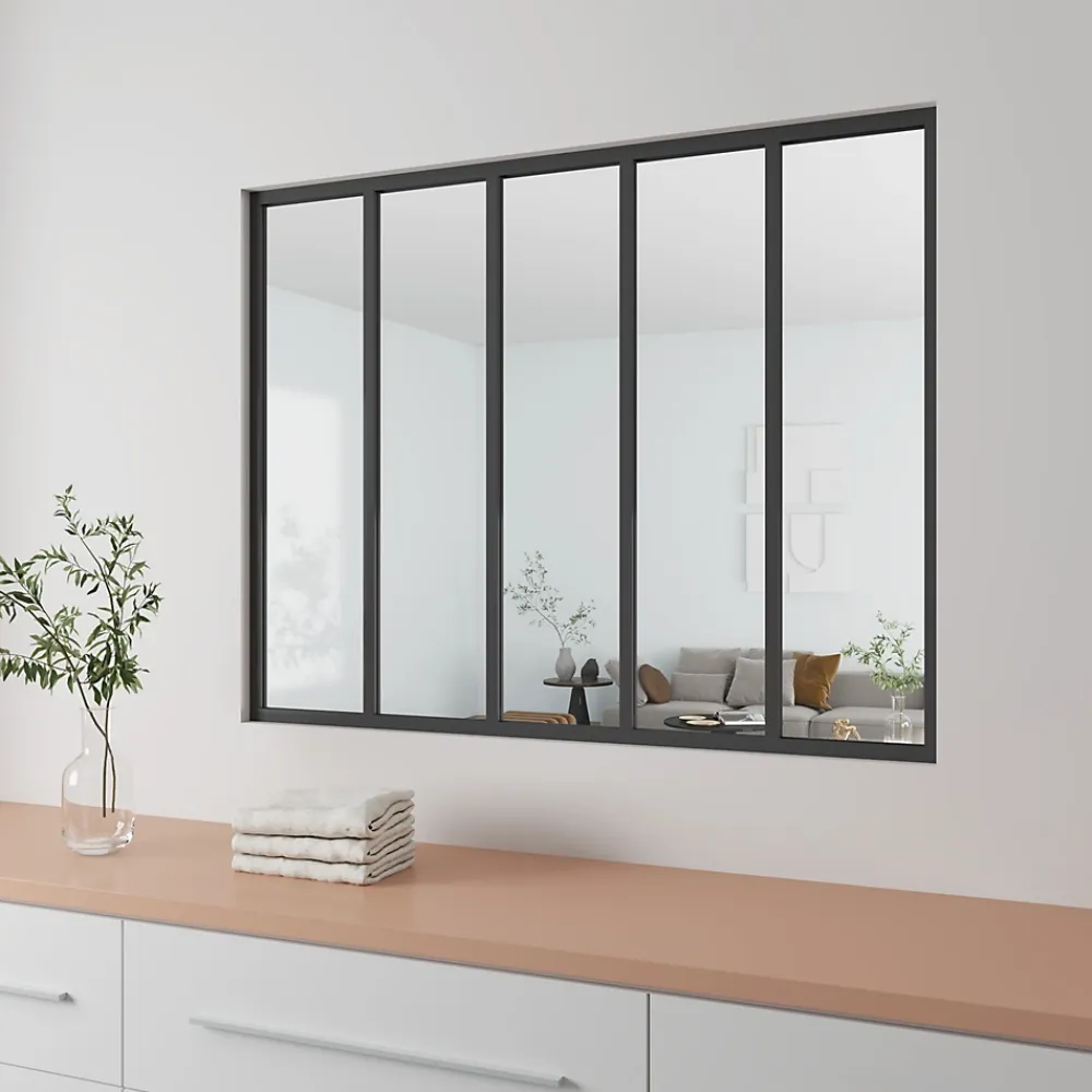 AICA Sanitaire Verrière Atelier fixe - L.153 x H.108cm - aluminium noir mat - 5 carreaux, vitrage trempé 4mm- Verrière