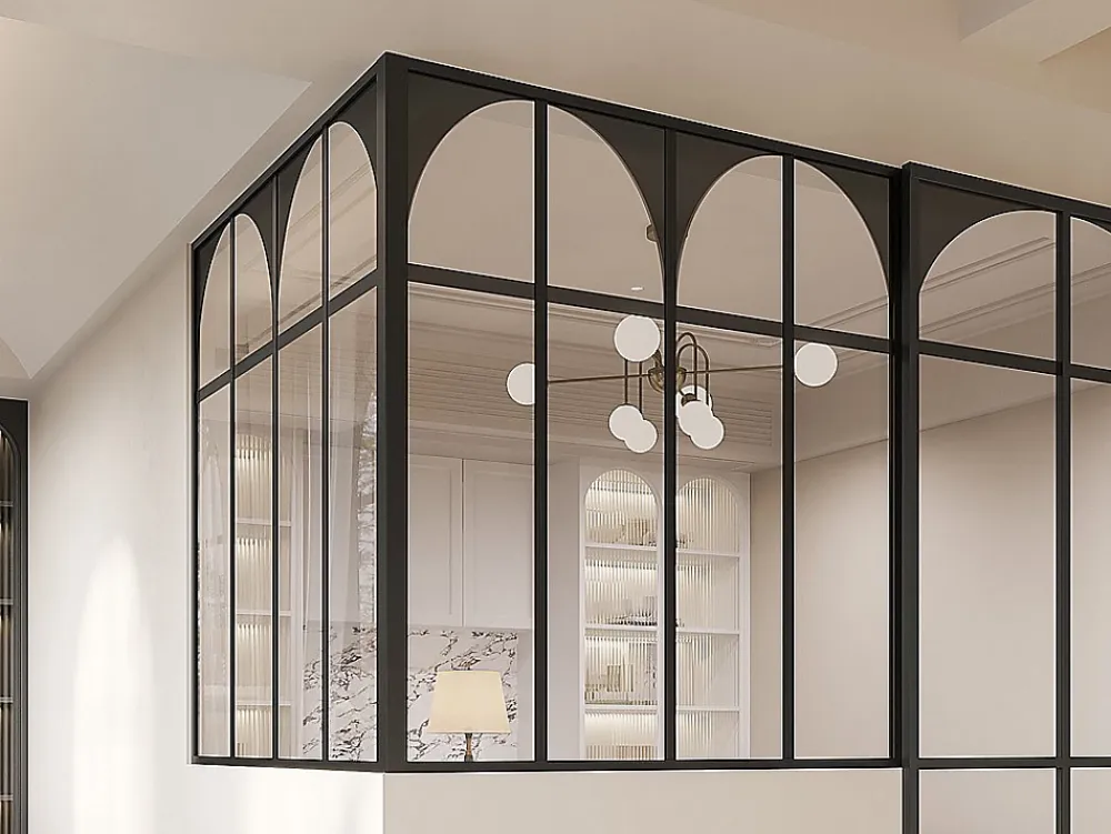 Vente-unique Verrière d'angle d'atelier art déco en aluminium thermolaqué - L120 x L120 x H130 - Noir - ARCADEA- Verrière