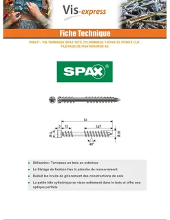 Spax Vis terrasse - - Autoperceuse - Spécial caillebotis - Tête cylindrique - Inox A2 - 5 x 60/27,50 mm - Boîte de 100- Outils Parquet Et Sol Stratifié