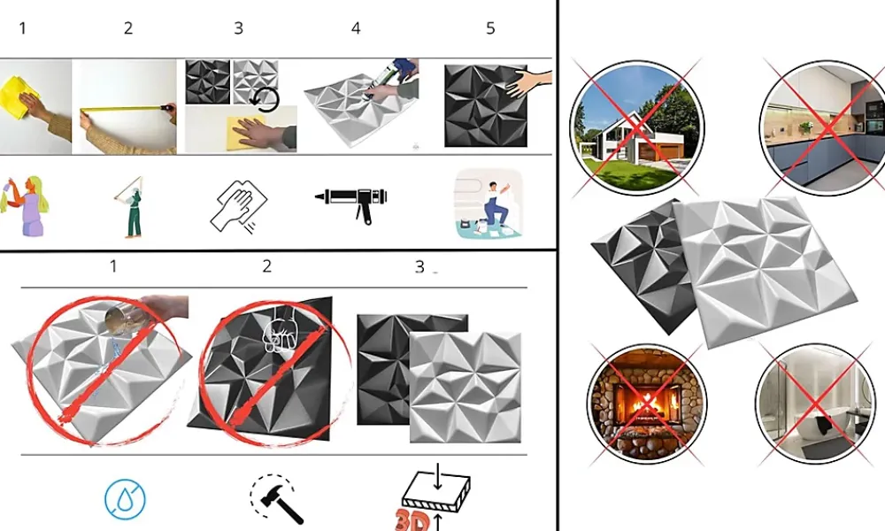Ikhemalarka 16x - 4m2 panneaux muraux 3D en polystyrène XPS flexibles 50 x 50 cm Revêtement mural et de plafond moderne Rubin Black- Panneau Mural Décoratif